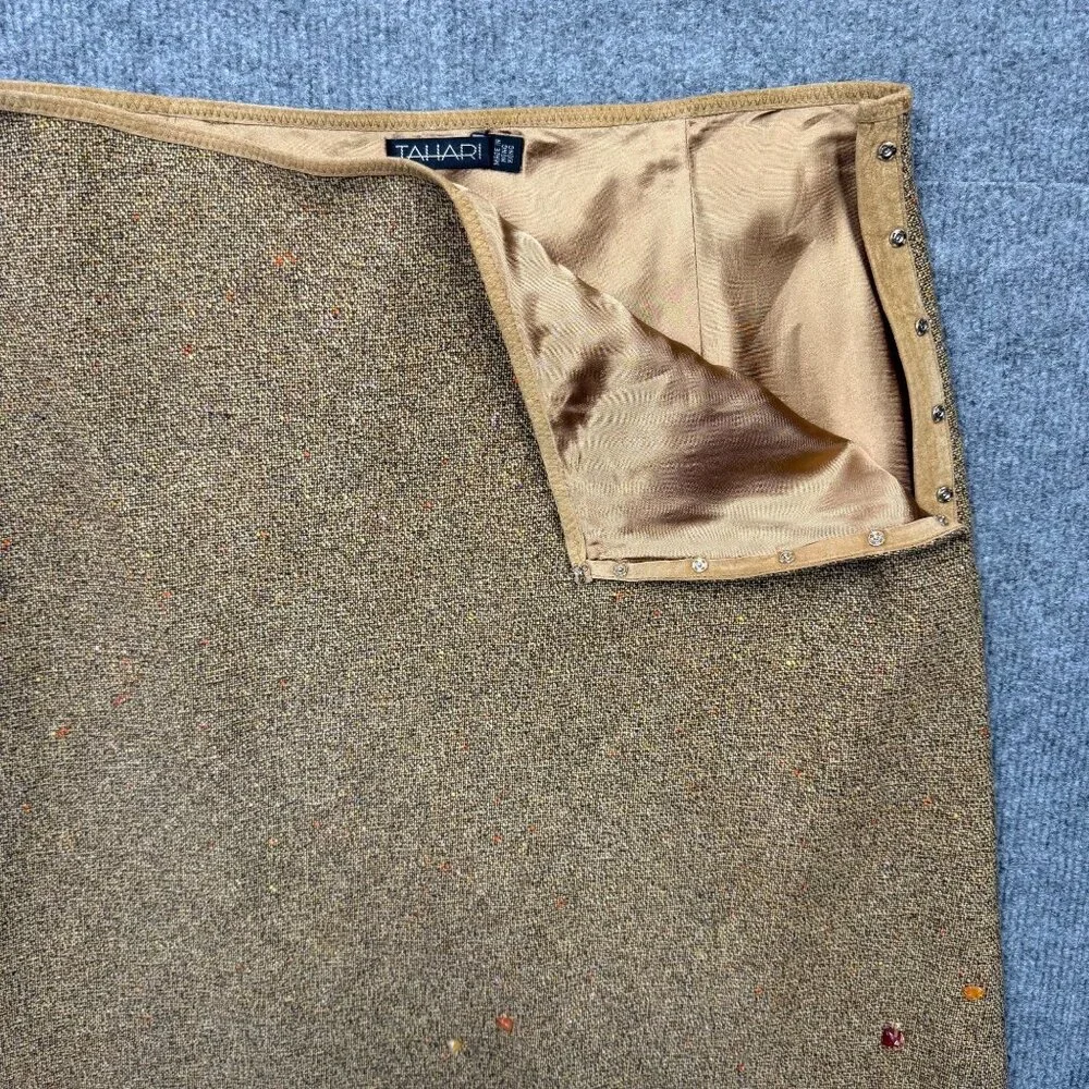 VTG 90s NEW Tahari Tweed Wool Blend Skirt Fur Hem Pepple Accents Camel Boho Chic